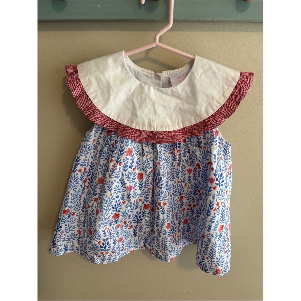 Stitchy Fish Girls Dress 5 Cotton Floral Portrait Collar Gingham Ruffle Blue Red